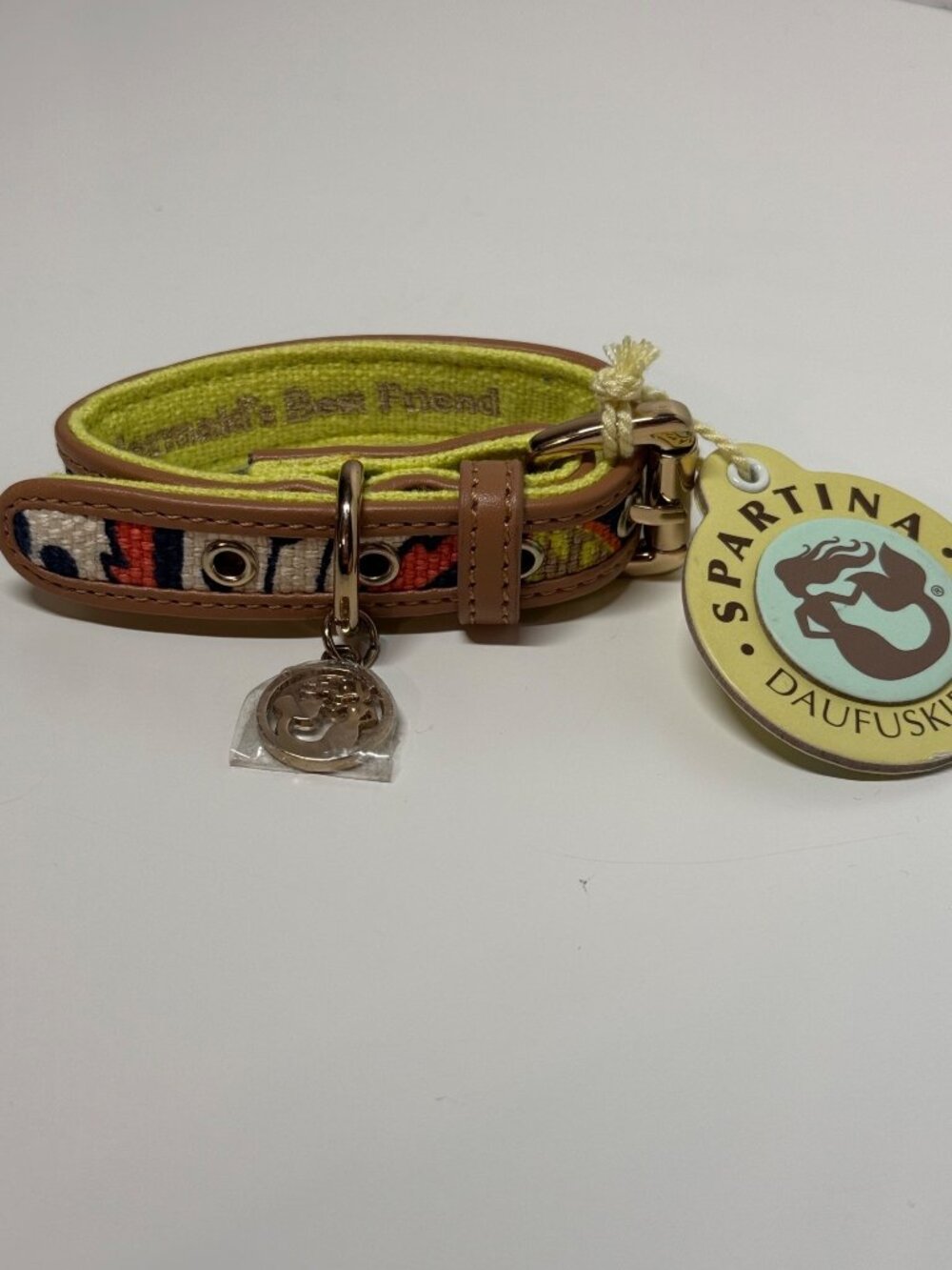 Spartina NWT Amelia navy turquoise blue floral dog collar XS linen leather 8-10"